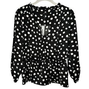 NWT J. Crew Black & White Polka Dot Satin Peplum Blouse Women's 4